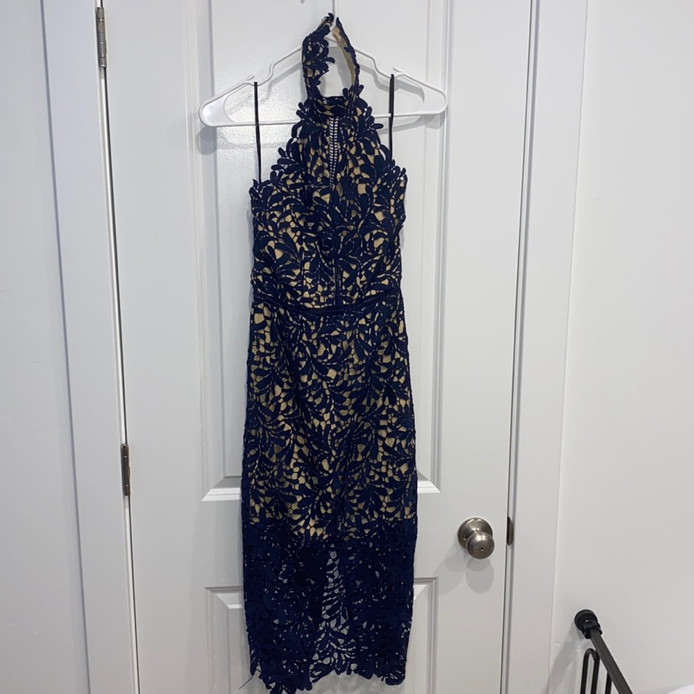 Navy Blue Lace Midi Halter Dress